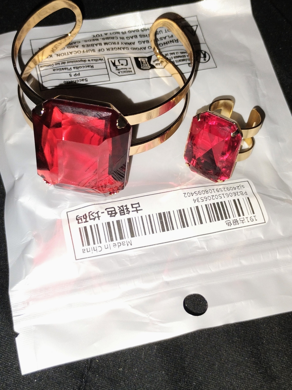 Gold-tone Bracelet and Ring Set with Large Red Gemstones